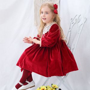 Primavera Verano Bebé Niñas Color puro Manga larga Pleuche Vestidos Niños Niños Niña Princesa Ropa 210429