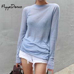 Tops básicos de primavera y verano, camiseta azul Sexy fina holgada de manga larga para mujer, ropa de algodón de Color sólido a la moda para mujer 220408