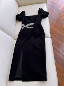 Lente zomer zwarte vaste kleur boog kralen split jurk puff mouw vierkante nek strass Midi casual jurken j4m258471