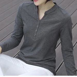 Lente zomer blouse lange mouw vneck dames t -shirt katoenen shirt stand kraag grote vrouwelijke solide casual mode tops 240315