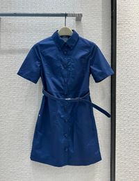 Primavera verano azul color sólido cintura cinturón vestido manga corta solapa cuello bolsillos dobles vestidos casuales cortos D3W15472