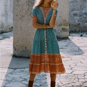 Printemps été Boho sangle imprimé fleuri robe longue taille haute col en v simple boutonnage vacances Midi femme 210514