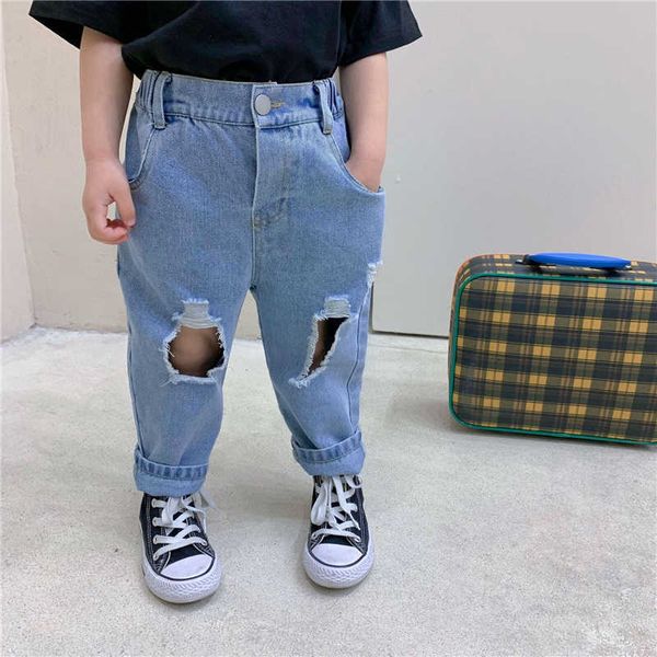 Primavera verano niños niñas jeans baby rasgado de algodón pantalones de mezclilla niños agujeros rotos sueltos niños fondo casual moda 210615