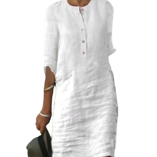 Spring Summer Button Up Vestidos para mujer Lino de algodón casual Long White Vestido Temperamento de vestimenta de media manga de media manga Sundress 240415