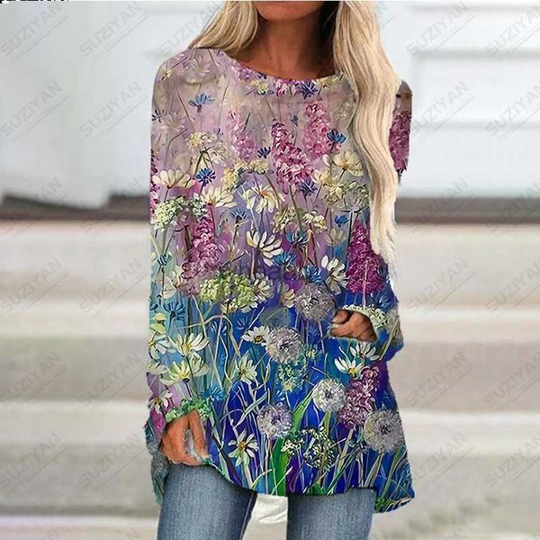 Primavera/Verano Casual Mujer Hermosa Tallas grandes Impreso en 3D Camiseta larga de manga larga Moda femenina Falda corta de flores hawaianas HKD230901