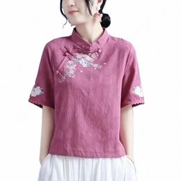 Lente Zomer Katoen Linnen Effen Kleur Opstaande Kraag Dames Korte Mouw Top Chinese Stijl Retro Zen T-shirt Tang Pak Hanfu R4TS #