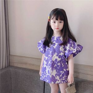Lente zomer schattige meisjes paars floral bladerdeeg mouw mini-jurk mode kleine prinses casual jurken voor kinderen 210615