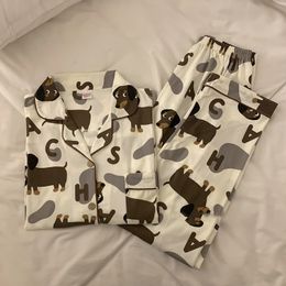 Spring été mignon pyjamas pour femmes mignons ensemble de teckel imprimé coton deux pièces à manches courtes tops pantalons pantalons de pleine longueur 3991 240321