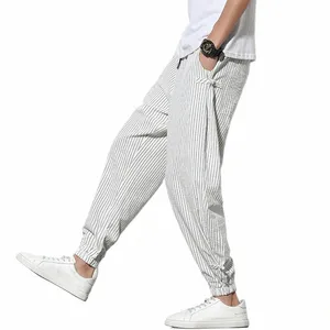 Printemps été disque boucle rayé sarouel hommes respirant coton lin crayon pantalon boucle décontracté Bloomers Fi pantalon J6F6 #