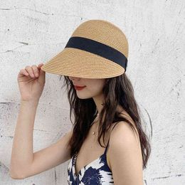 Lente zomer koepel ronde top stro hoed voor vrouwen meisjes outdoor sunprotectie baseball cap vrouwelijke strand tour lange rand zon hoeden G220301