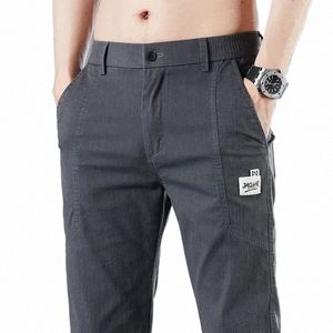 Printemps été taille élastique conception hommes mince pantalons décontractés coréen Fi Cott Stretch Busin pantalon mâle gris bleu Q76Q #