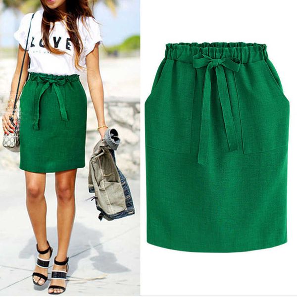 Primavera verano elegante midi faldas para mujer oficina lápiz falda algodón cintura elástica paquete cadera falda arco falda verde 210527