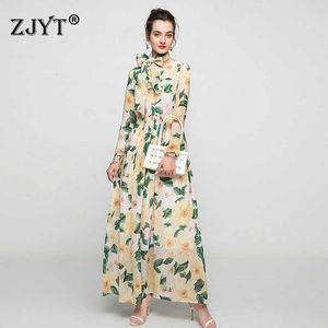Lente Zomer Mode Vrouwen Runway Designers Volledige Mouw Floral Print Geel Chiffon Lange jurk Vakantie Boheemse vestidos 210601