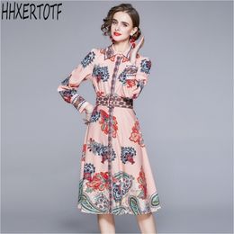 primavera verano moda mujer da vuelta abajo cuello floral impreso manga larga delgado vestido casual vestidos 210531