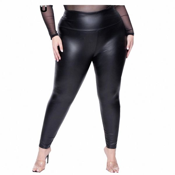 Primavera Verano Leggings de cuero de imitación Tallas grandes Súper elástico Ropa de spandex PU Pantalón de cuero Tummy Ctrol Pantalones de gran tamaño f0dt #