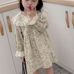 Spring Summer Girls 'Dress Koreaanse stijl Floral Cute Lace Collar Lange mouwen Baby Kids Kinderkleding voor Meisje 210625