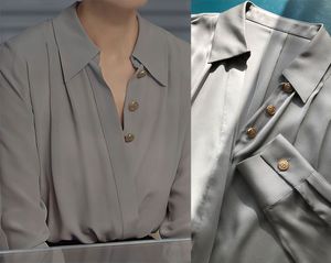 Printemps été gris couleur unie chemisier en soie chemise à manches longues col en v simple boutonnage haut chemises H3F27MGZZ