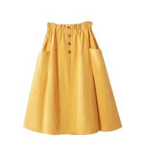 Lente zomer high-taille katoen geel rokken dubbele pocket knop knielengte herfst zwarte jupe femme 210621