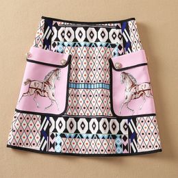Falda elegante de cintura alta para primavera y verano, faldas de moda acampanadas hasta la rodilla con estampado de caballo rosa y bolsillos con cuentas, 21O301020