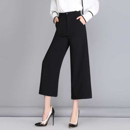 Lente zomer hoge taille broek vrouwen elegante werk kantoor casual kalf lengte broek rug brede been pantalon femme 210608
