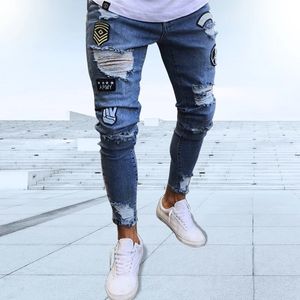 Jeans masculins Hip Hop Ripped Spring Summer Classic Blue Black brodé Stretch Skinny Street Fashion Pantalon S-XXXL 240417