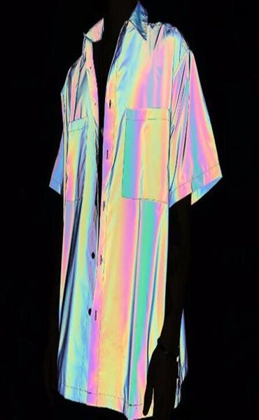 Primavera verano reflexión holográfica camisa reflectante colorida hombres manga corta calle hip hop punk blusa hombre vintage casual rain9346777
