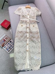Lente zomer ivoor bloemen kanten riem jurk met korte mouw peter pan nek paneelpaneel met één borste midi casual jurken j4A091656