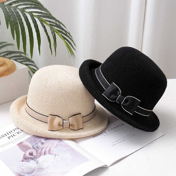 Gorro tejido para primavera/verano para mujer, lazo de cinta plegable, sombrilla de vacaciones de pescador, olla pequeña transpirable con aleros elevados