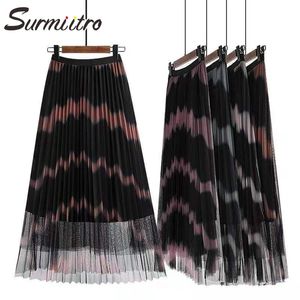 Lente zomer Koreaanse stijl 3 lagen gradiënt mesh vrouwen hoge taille lange midi tule geplooide rok vrouw 210421