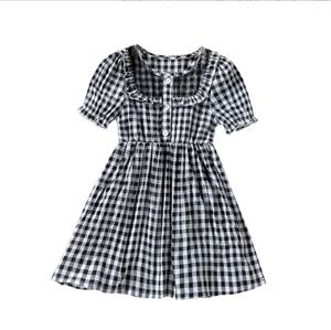 Lente zomer kant kraag plaid korte mouw jurk baby meisje casual kleding
