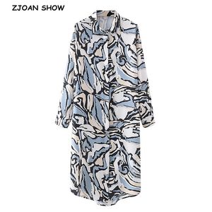 Lente zomer revers swirl geometrische print midi shirt jurk elegante vrouwen centrum knoppen zoem asymmetrie vestido 210429