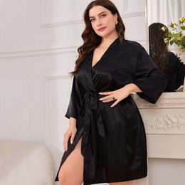 Printemps / été grande taille sexy imitation Silk Nightgown Couleur solide Couleur des vêtements de nuit