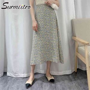 Lente zomer lange rok vrouwen vintage elegante Koreaanse stijl floral esthetische hoge taille midi office vrouw 210421