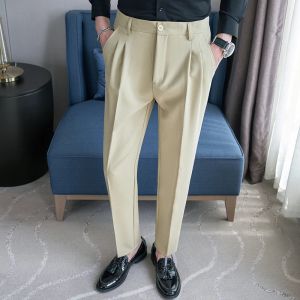 Lente/zomer losse pakbroek heren elastische taille rechte pijpen casual broek effen kleur zakelijk kantoor sociale broek 28-38