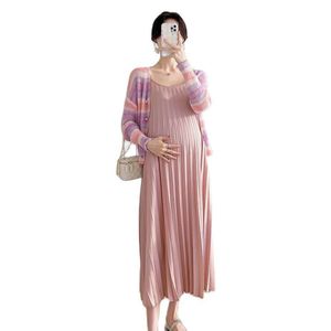 Lente zomer zwangerschapspakken blok kleur gebreide gestreepte shirts+riem jurk twinset lange los zwangere vrouwelijke dameskleding set