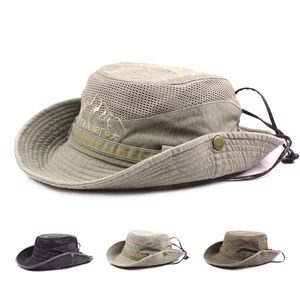 Lente zomer mannen vrouwen rollen rand katoen emmer hoeden borduurwerk brief mesh vis hoed outdoor sunhat met winddicht touw