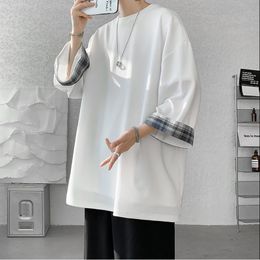 Spring Summer Mens Camiseta 2XL Estilo coreano Corea Loose Casual Casual siete mangas Male White 240510