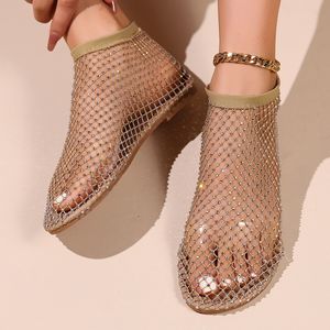 Sandales sexy pour femmes ajourées en tissu maille aérée, sandales à fond plat, bottes courtes de luxe, diamant d'eau, bout rond, chaussures à fond plat