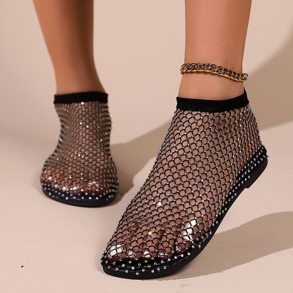 Sandales creuses en maille avec bottes courtes incrustées de diamants, sexy et à la mode, sandales à fond plat et bout rond pour femmes, printemps et été
