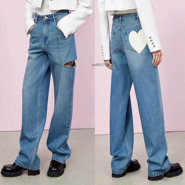 Printemps été Mo New Co même taille haute élastique gratuit bleu clair cassé en forme de coeur Zhangzi Tube droit Denim pantalon