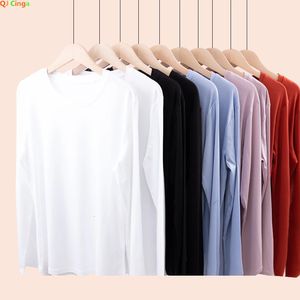 Lente Zomer Moerbei Zijde Gemerceriseerde Katoenen T-shirt Vrouwen Causale Gebreide Lange Mouwen Tee Shirts Vrouwelijke Losse Zwart Wit Tops 240315