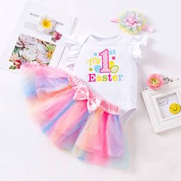 Primavera/verano Nuevo 2024 Pascua huevo para bebés Munas voladoras Sweetheart Rainbow Princess Vestido Set de tres piezas