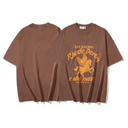 Lente/zomer nieuw American Street Four Wheel Drive Pegasus-print gewassen oud wasgeverfd T-shirt met korte mouwen