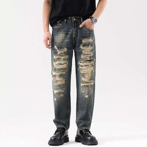 Pantalon en Denim pour hommes, nouvelle marque Vintage américaine, délavé en forme de cône, perforé, jambe droite, pantalon de mendiant tendance, printemps/été