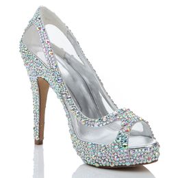 Printemps été nouvelle arrivée femmes talons hauts strass paillettes AB couleur cristal chaussures de mariée Peep Toe maille dentelle chaussures de mariage taille 41