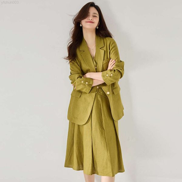 Printemps/été nouveau décontracté Texture ample pur lin naturel plissé mi-long costume manteau pour les femmes 22237