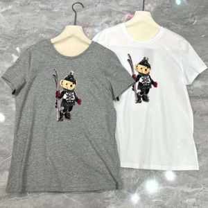 Lente zomer nieuwe Europese goederen Little Bear Cartoon Print Letter veelzijdig Instagram katoen ronde nek korte mouw t -shirt voor vrouwen