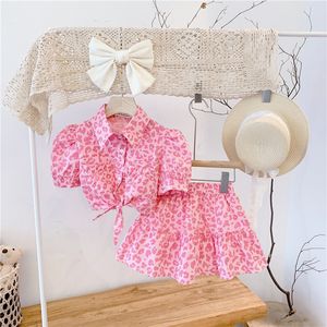 Lente/zomer nieuwe meisjes roze luipaardprint met hoge taille top en rokpak