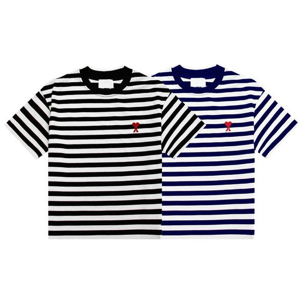 Printemps/Été Nouveau miT Chemise Col Rond Rouge Petit Coeur Brodé Rayures T-shirts pour Hommes et Femmes Couples Lâches et Décontractés T-shirts à manches courtes Top vêtements