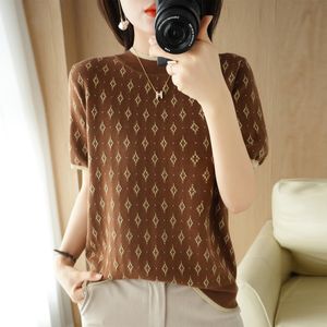 Spring Summer New Short-sleeved Women O-neck Slim Cotton Blend Pullover Vest T-shirt Knitted Base Printing Casual Knit Sweater